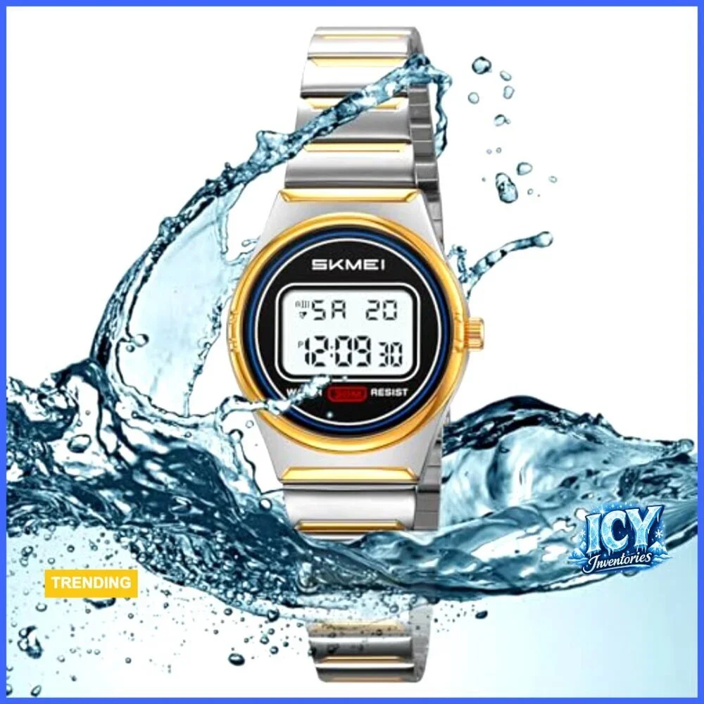 Stainless Steel Digital Watch Waterproof 30M Quartz Movement Alarm Stopwatch